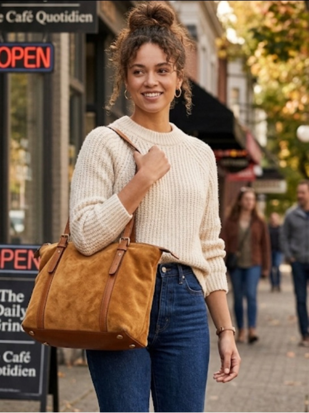 Fossil Carlie Suede Tote Bag ZB1832 – Camel Brown Leather Trim Boho